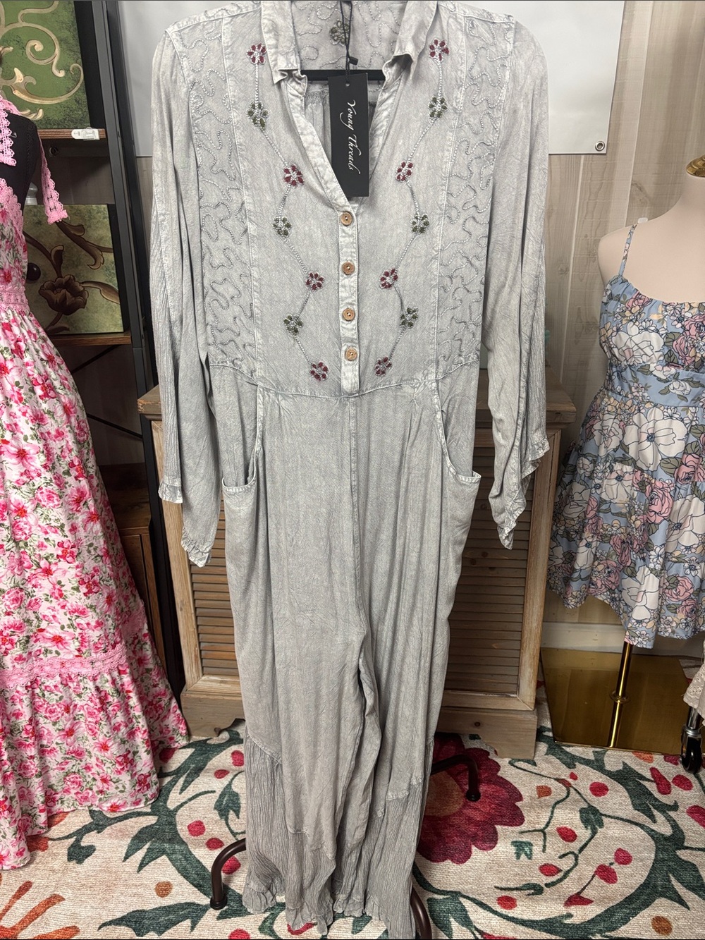 Young Threads Light Gray Embroidered Button-Front Jumpsuit